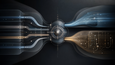 Editorial image of converging decision pathways in a controlled AI system interface, symbolizing GPT-5 routing between fast and deeper reasoning.