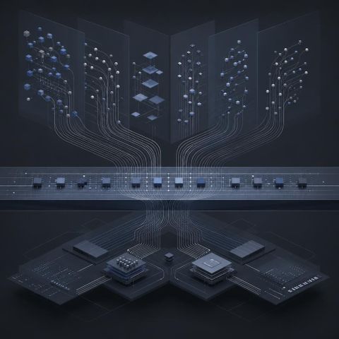 Editorial image of converging AI workflows in a unified system, symbolizing GPT-5 as an operating layer that reshapes digital work.