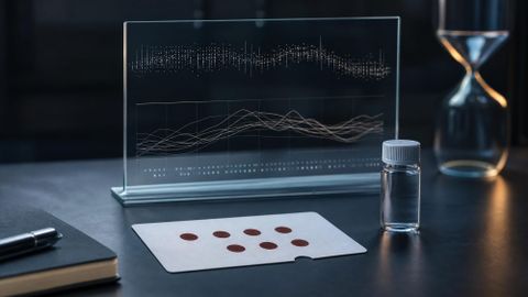 Blood spot longevity test kit beside a restrained biological age dashboard and hourglass reflection, symbolizing epigenetic age testing without overclaiming certainty