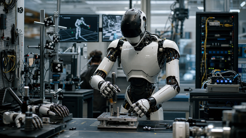 Humanoid robot performing a precise task in a robotics lab with simulation and calibration tools, reflecting Isaac GR00T as a full training and deployment stack