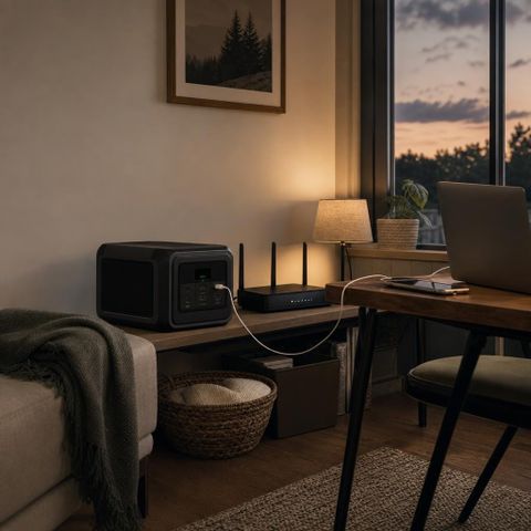 Editorial image of a portable solar generator in a practical backup-power setting, symbolizing quiet household resilience during outages.