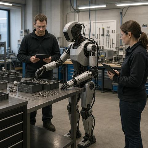 Editorial image of a humanoid robot performing coordinated whole-body manipulation in a supervised workshop, symbolizing unified robot behavior under real-world constraints.