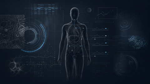 Human silhouette surrounded by biological age dashboards and aging biomarker readouts.