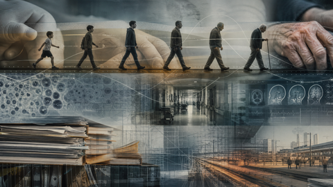 Editorial image of layered human life timelines, aging biomarkers, and societal systems under tension, symbolizing longevity research and the fantasy of optional death.
