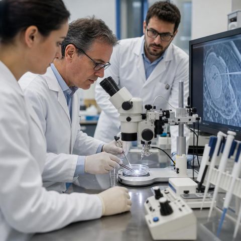 Editorial image of clinicians guiding medical microrobots in a localized treatment setting, symbolizing precision control, safety, and the real near-term future of microrobotics.