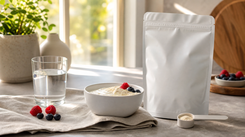 Editorial still life of a Urolithin A powder supplement prepared in a clean kitchen setting, symbolizing evidence-based longevity supplementation.