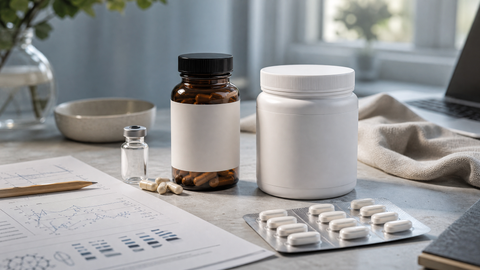 Editorial still life of NAD booster supplements in a clinical home setting with subtle biomarker context, representing the evidence debate around NMN and NR