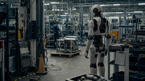 Editorial image of a humanoid robot paused in a cold industrial workspace, symbolizing the gap between robot hype and factory reality.