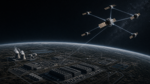 Conceptual illustration of orbital data centers linking solar-powered compute satellites above Earth with terrestrial AI infrastructure.