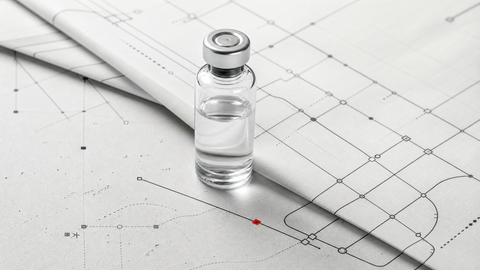 A sterile medicine vial over a modular protocol map, symbolizing personalized CRISPR becoming repeatable medical infrastructure