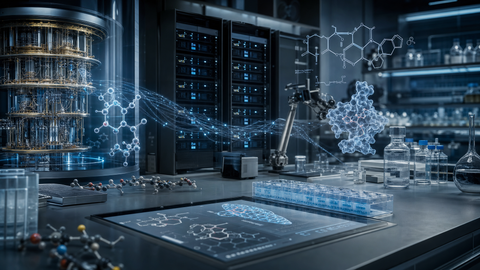 Editorial lab-computing scene with molecular structures and precision hardware, symbolizing quantum-assisted drug discovery for longevity.