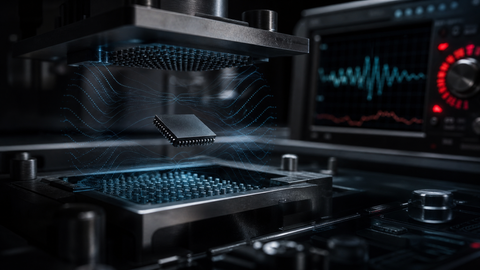 Tiny semiconductor chip above abstract quantum vacuum fields and nanoscale Casimir cavity structures.
