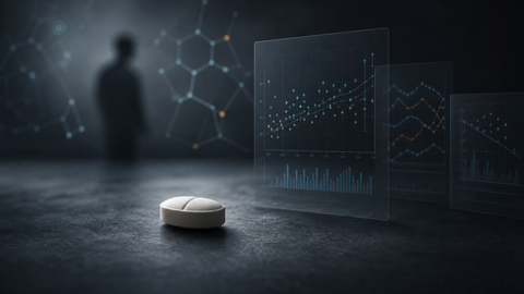 Rapamycin pill beside clinical trial data and abstract mTOR pathway graphics.