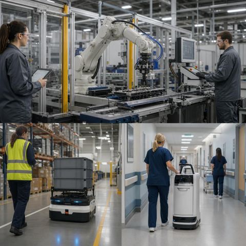 Editorial image of robots operating in realistic work environments under human supervision, symbolizing robotics shaped by reliability, safety, and trust.