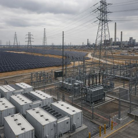 Editorial image of solar generation, grid infrastructure, and storage systems, symbolizing how cheap sunlight becomes useful power only through system integration.