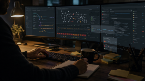 Editorial image of a complex software engineering workflow with failing tests, branching code paths, and review checkpoints, symbolizing the realism gap in AI coding agents.