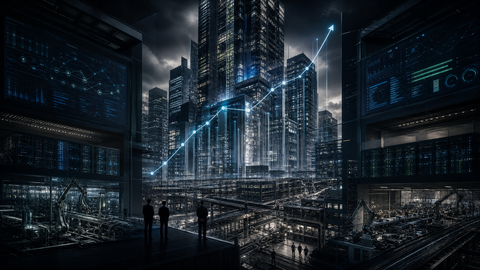 Automated corporate towers and data infrastructure looming over a small human workforce, symbolizing economic growth with less hiring.