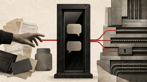 Editorial image showing a conversational AI gate between personal finance objects and hidden payment rails, suggesting an assistant mediating access to money.