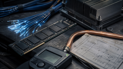 AI compute infrastructure shown through memory hardware, fiber cables, cooling equipment, and engineering plans on a dark workbench.