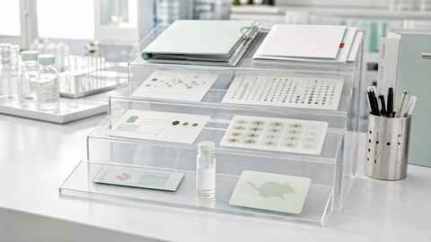 A clinical evidence ladder made from lab glass, biomarker cards, and a trial folder, showing longevity science moving from mechanism to human proof.