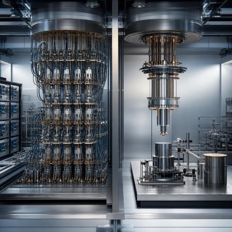 Editorial image of two contrasting quantum hardware setups in a precise laboratory environment, symbolizing the tradeoff between scalability and precision in fault-tolerant quantum computing.