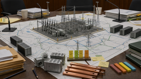 Grid planning documents, data-center blocks and ratepayer bills lie across a regulatory hearing table.