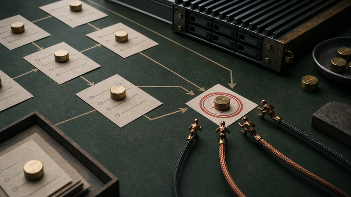 Physical task cards, approval weights, cables, and server hardware converge on one review checkpoint, showing AI agent orchestration.