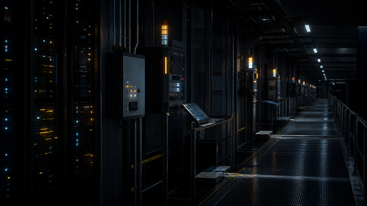 AI operations corridor with illuminated checkpoints fading into the distance.