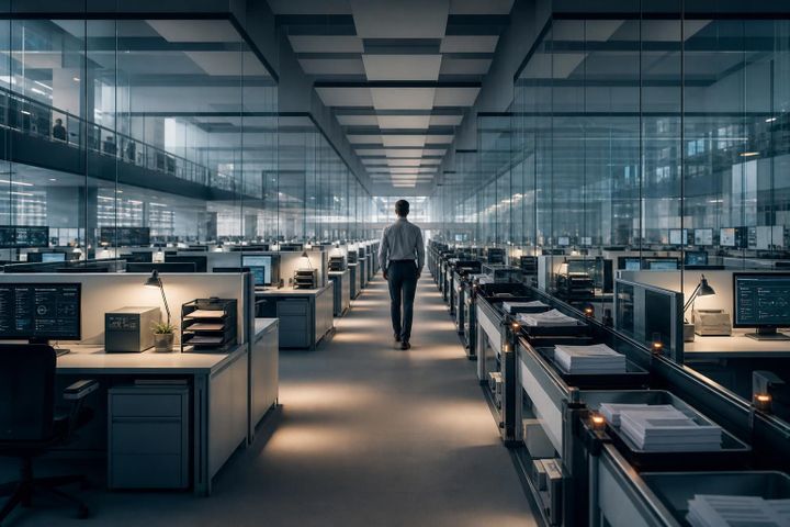 Editorial image of a modern office workspace with automated systems narrowing the human path forward, symbolizing AI productivity gains and shrinking entry-level career ladders.