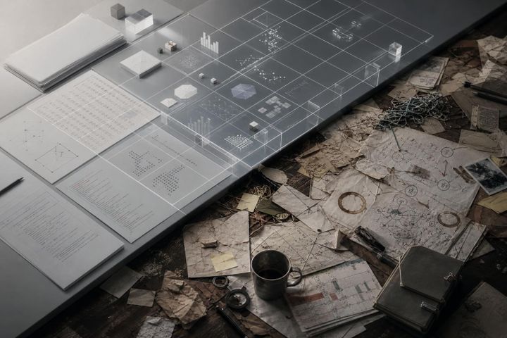Editorial image showing AI evaluation charts and fragmented capability signals against messy real-world workflows.