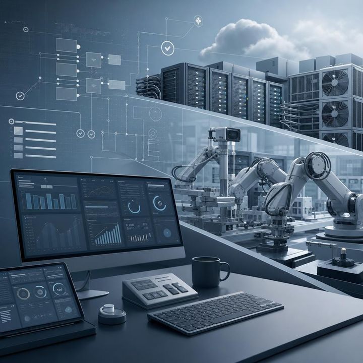Editorial image of AI interfaces, robotics, compute infrastructure, and governance signals converging into one integrated system.