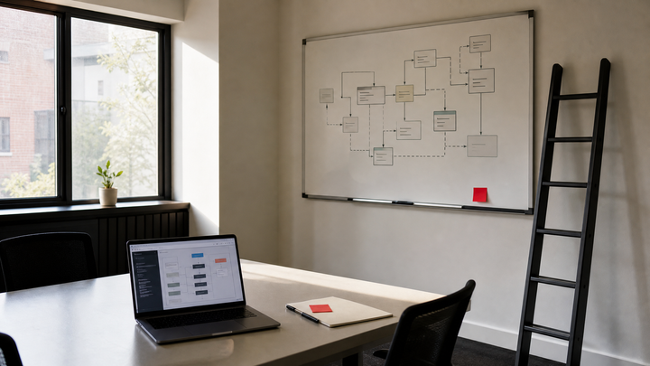 An empty training room with a laptop workflow interface and unused ladder, symbolizing how AI is reorganizing work beyond tool learning