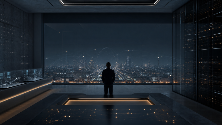 Solitary figure in a dark operations room overlooking a networked city, reflecting persistent AI agents, memory, and accountability in 2026