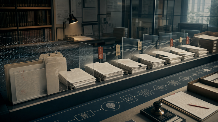 Editorial image of a scientific publishing workflow with papers, review checkpoints, and AI system traces, symbolizing pressure on research trust.