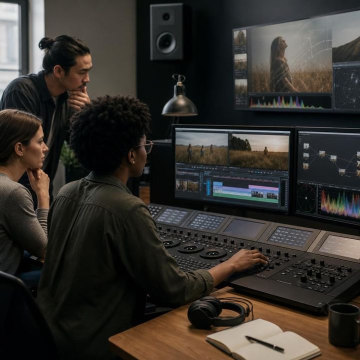 Editorial image of a film post-production workflow where human creatives work with generative video tools, symbolizing AI video’s impact on production and trust.