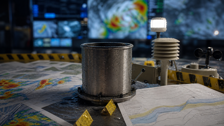 Rain-soaked weather instruments beside a printed forecast map, showing the gap between AI model output and extreme-weather reality.