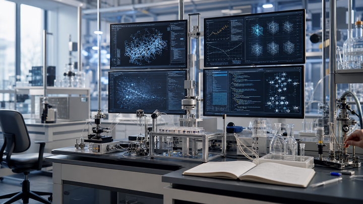 Scientific workspace with code-filled monitors, simulation displays, and lab instrumentation, showing coding agents becoming research infrastructure