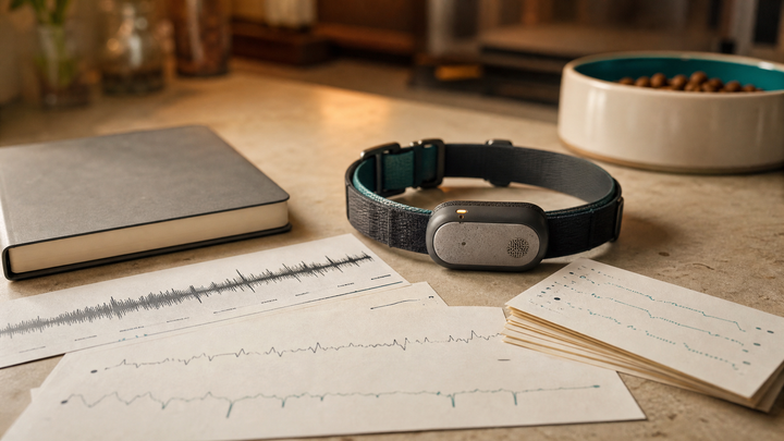 A smart dog collar on a kitchen counter beside acoustic printouts, motion traces, and a veterinary notebook, showing animal AI as continuous home measurement.