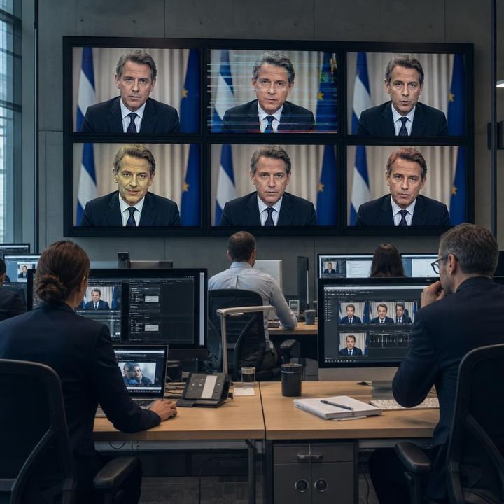 Editorial image of fragmented political media across verified and unverified screens, symbolizing deepfakes, weakened evidence, and democratic accountability under pressure.