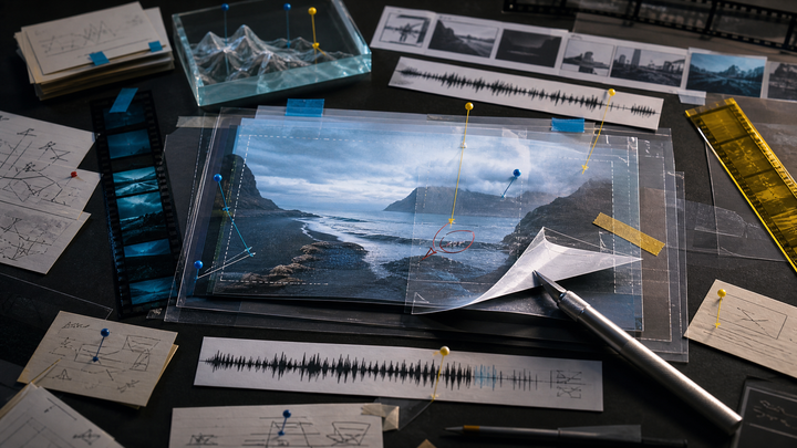 A tactile video-editing workspace with film strips, prompt cards, audio strips and revision layers, showing AI video as a conversational editing interface.