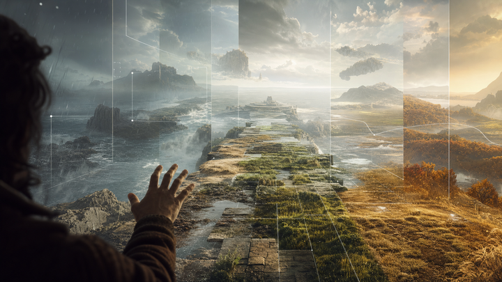 Editorial image of a simulated world assembling around a viewer with layered terrain, navigation paths, and prompt-driven scene changes, symbolizing AI-generated interactive environments.