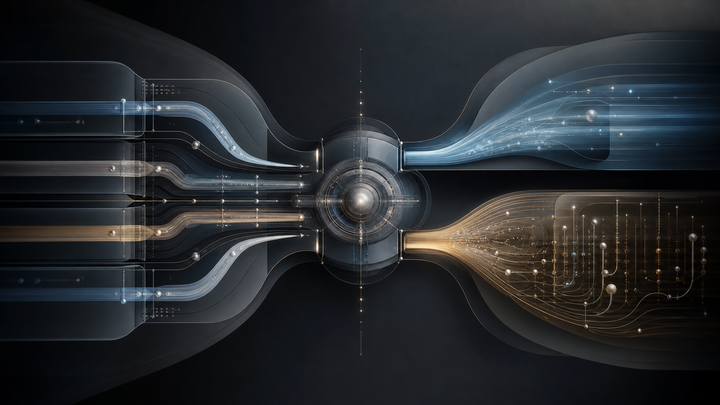 Editorial image of converging decision pathways in a controlled AI system interface, symbolizing GPT-5 routing between fast and deeper reasoning.