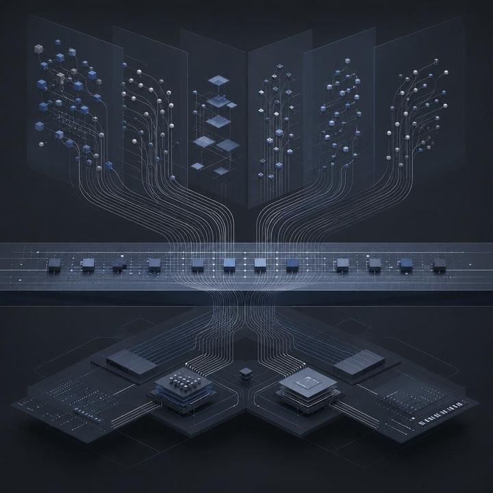 Editorial image of converging AI workflows in a unified system, symbolizing GPT-5 as an operating layer that reshapes digital work.