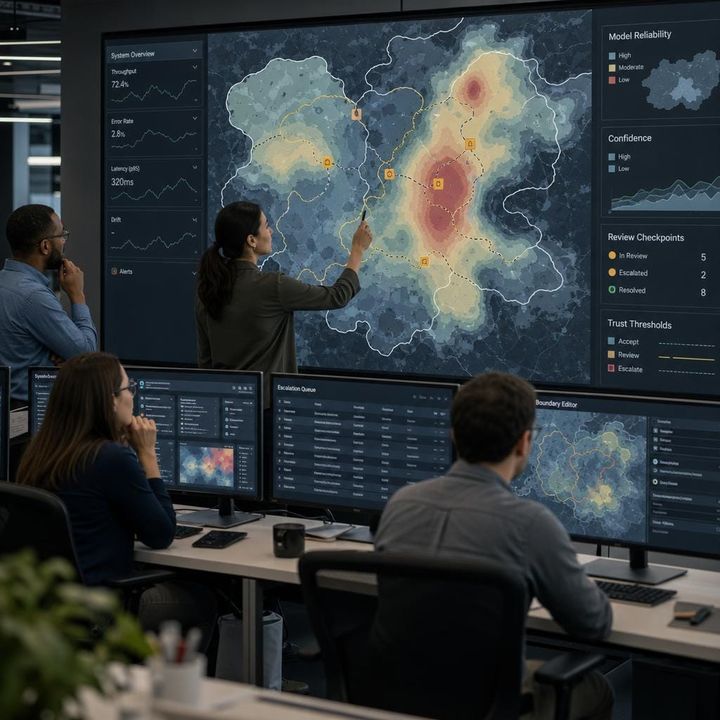 Editorial image of uneven AI performance zones and human oversight, symbolizing jagged intelligence as a trust and reliability problem.