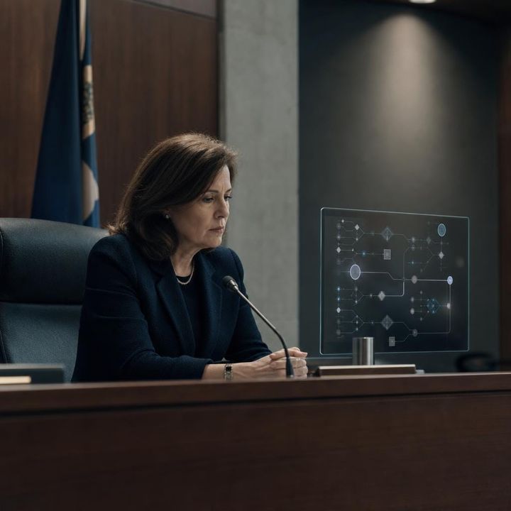 Editorial image of a human legal or ethical decision space shaped by an algorithmic system, symbolizing the tension between moral AI, legitimacy, and accountability.