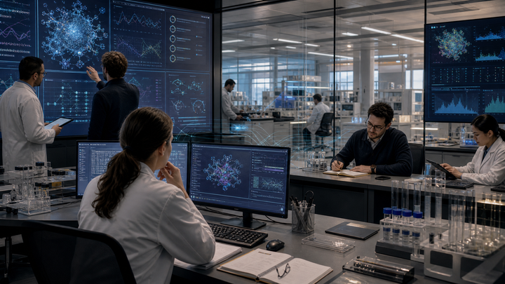 Editorial scene of AI-assisted scientific research in a modern lab-control environment, symbolizing a new era of machine-mediated discovery.
