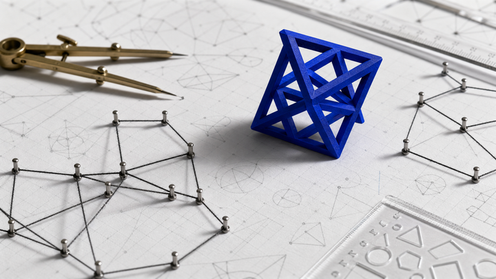 A cobalt geometric construction rises from a pinned proof diagram, showing AI disturbing a clean mathematical proof space.