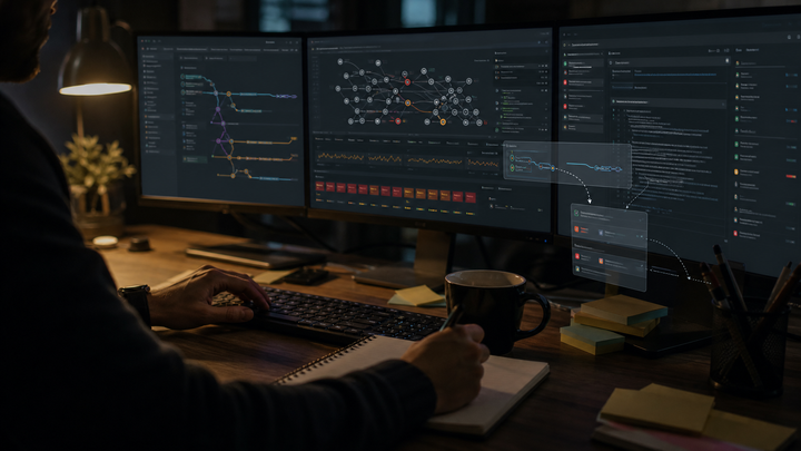 Editorial image of a complex software engineering workflow with failing tests, branching code paths, and review checkpoints, symbolizing the realism gap in AI coding agents.