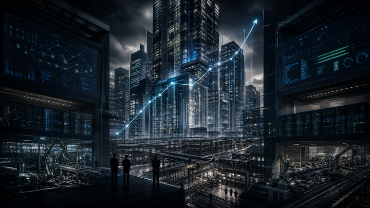 Automated corporate towers and data infrastructure looming over a small human workforce, symbolizing economic growth with less hiring.