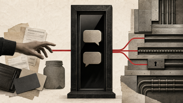 Editorial image showing a conversational AI gate between personal finance objects and hidden payment rails, suggesting an assistant mediating access to money.